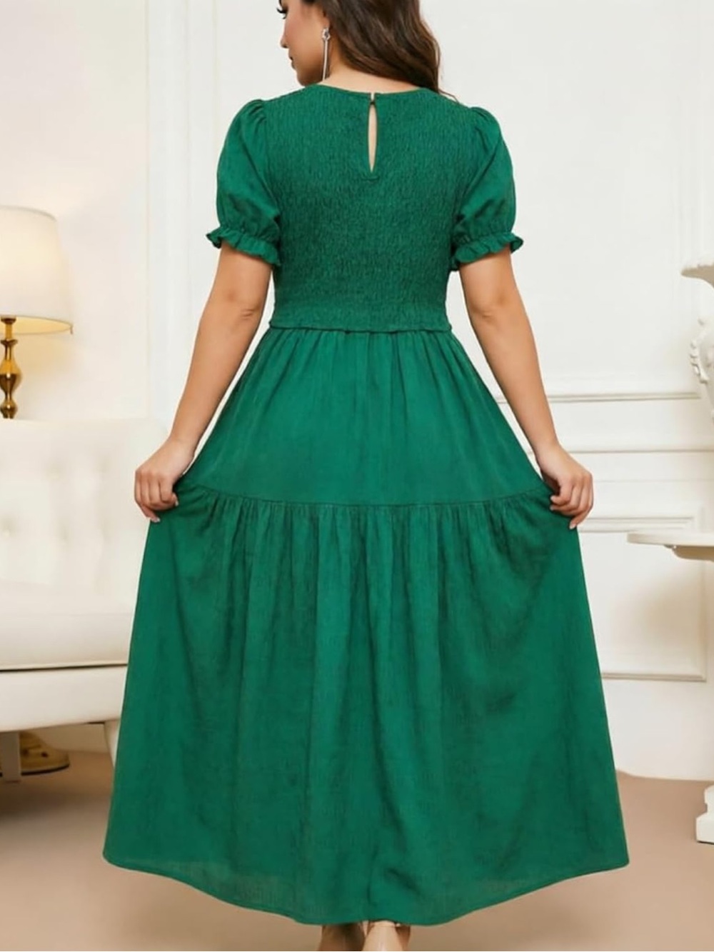 Fashion Nova Emerald Green Maxi Dress with Puff Sleeves - Picture 3 of 10